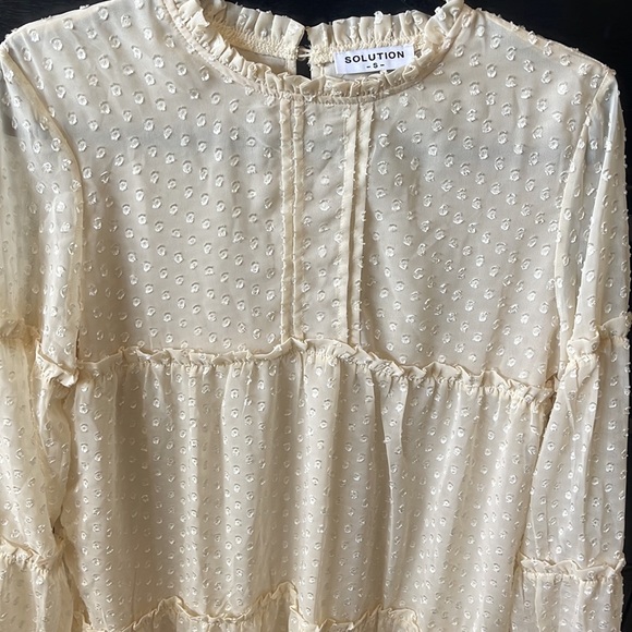 SOLUTION Cream off white Swiss Dot Babydoll Dress long sleeve ruffled edges Sz S - Picture 4 of 14